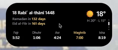 The Today page with the Hijri date, countdowns, weather and prayer times