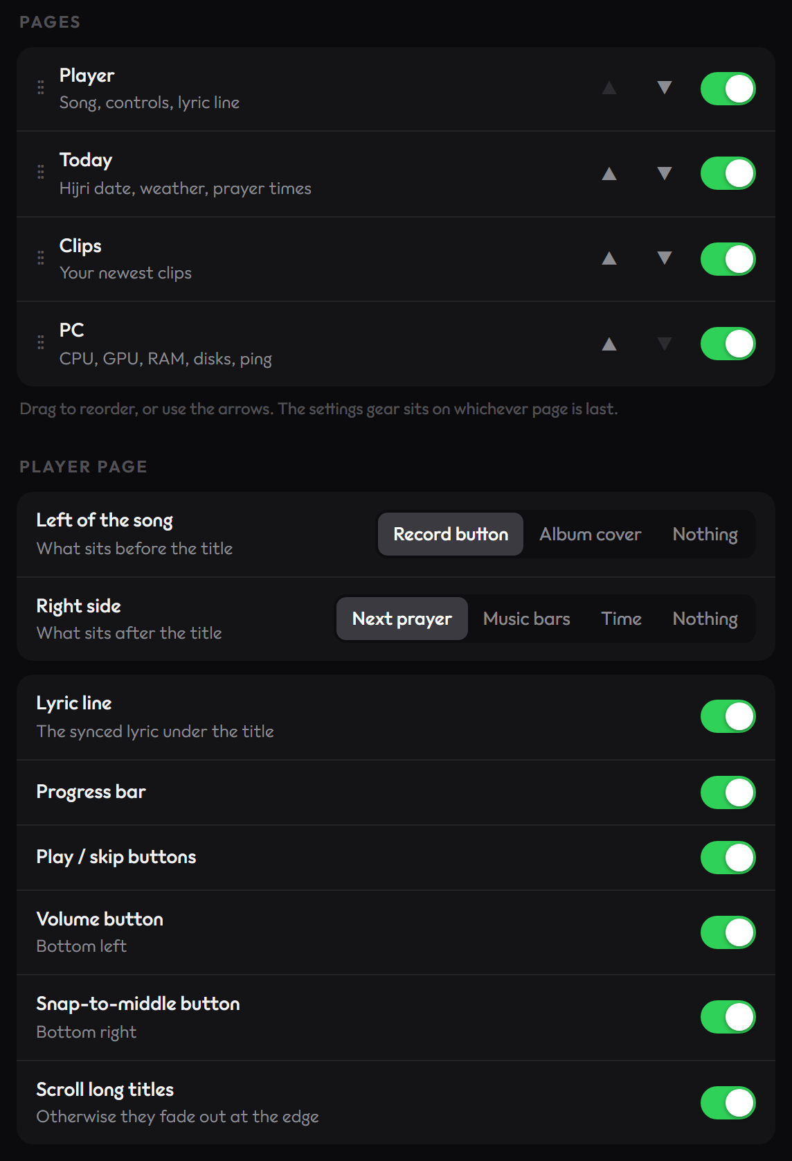 The Pages and Player page sections of the settings app