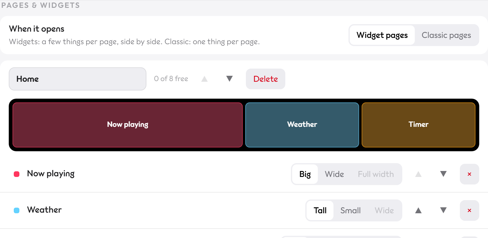 The Pages and widgets editor with a map of each page